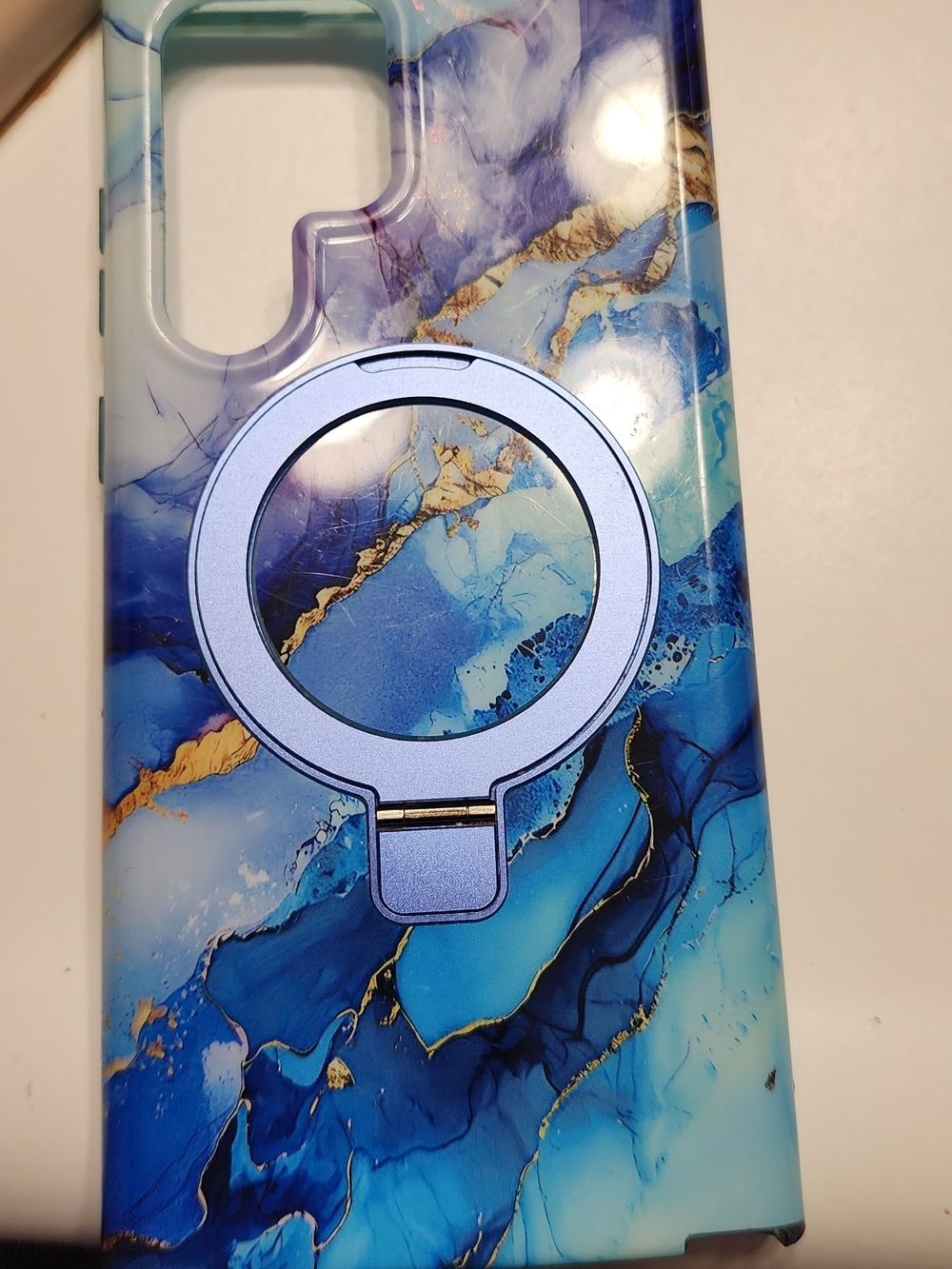Stylish Blue Marble Phone Case with Built-In Ring Stand